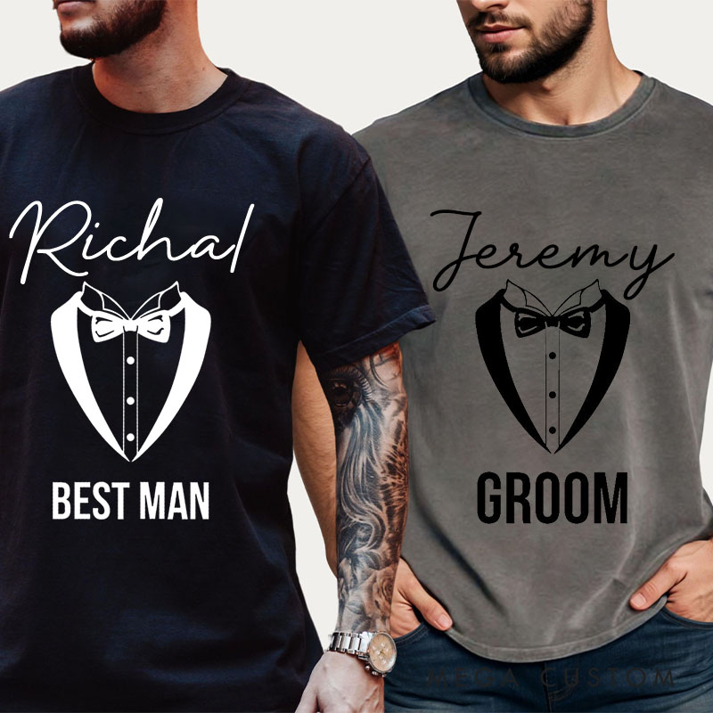 Personalized Groom Tuxedo Washed T-Shirt Groom Club Bachelor Party T-Shirt Vintage y2k Washed T-Shirt for Best Man Men Groomsmen T-Shirt