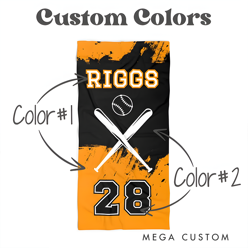Personalized baseball beach towel featuring a custom name jersey number crossed bats and a baseball graphic perfect for sports enthusiasts and beach lovers