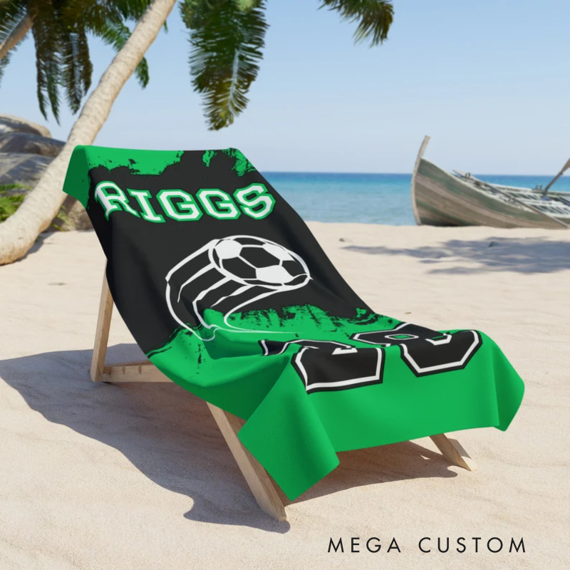 Personalized Soccer Beach Towel with Custom Name Jersey Number and Soccer Ball Design Perfect for Soccer Fans and Beach or Poolside Adventures