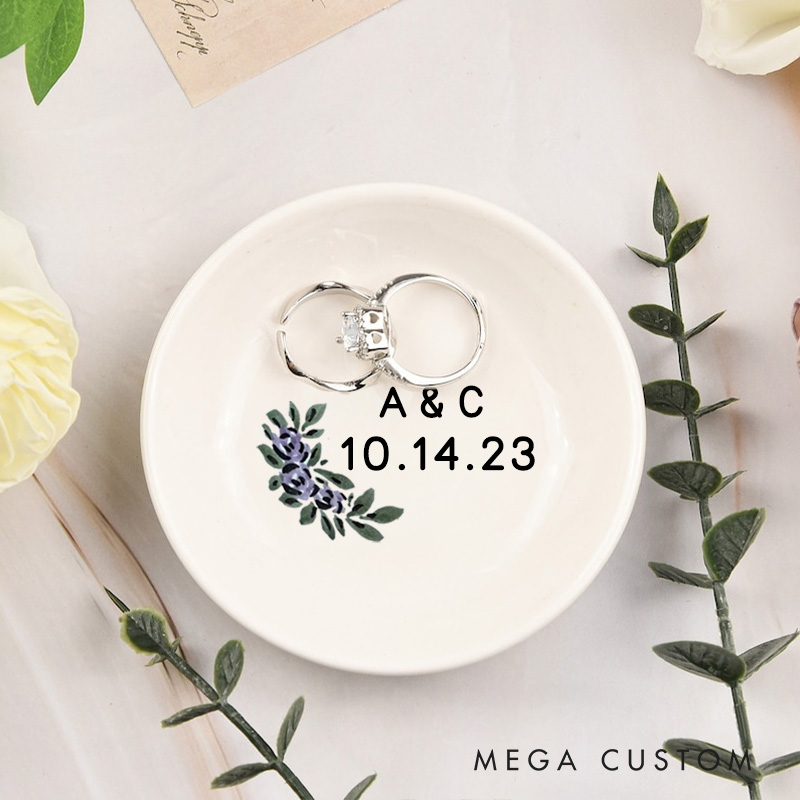 Personalized Elegant Watercolor Purple Floral with Initials Wedding Engagement Round Ring Dish