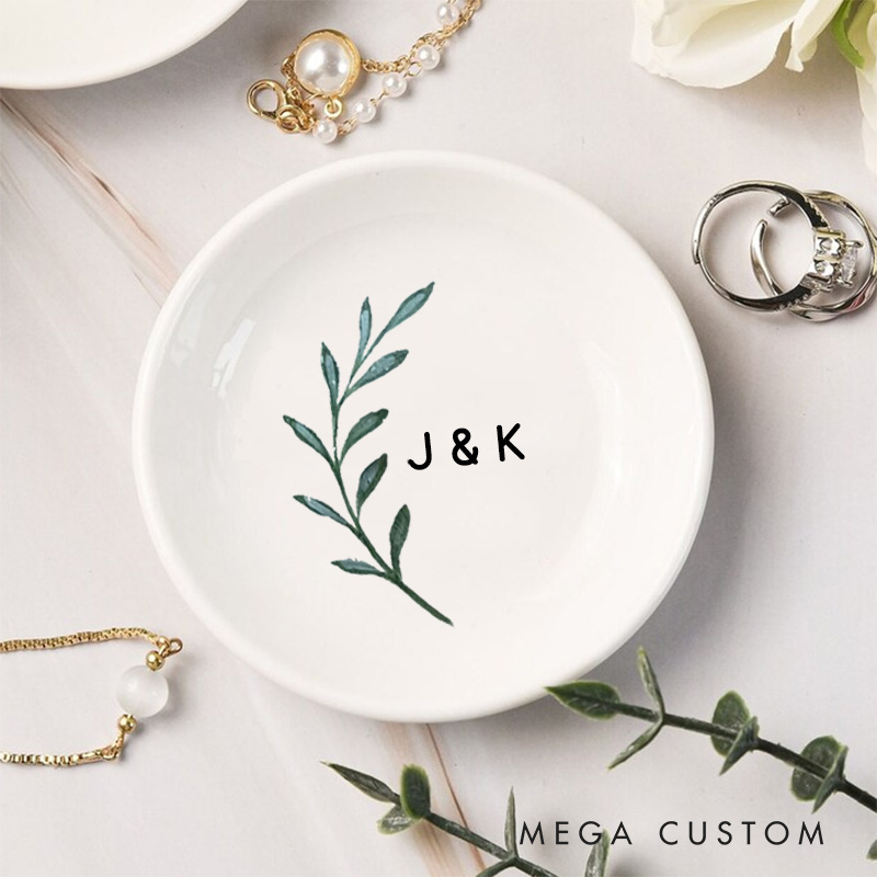 Personalized Watercolor Olive Branch with Initials Wedding Engagement Round Ring Dish