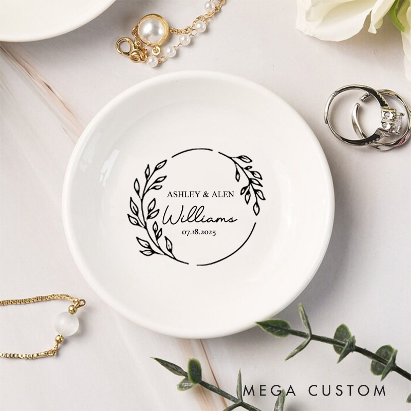 Personalized Elegant Circular Laurel Monogram Wedding Engagement Round Ring Dish