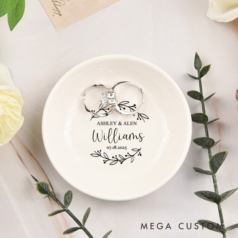 Personalized Delicate Botanical Wreath Wedding Monogram Wedding Engagement Round Ring Dish