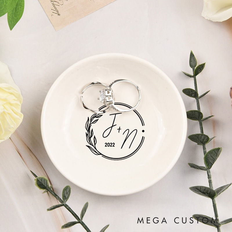 Personalized Modern Circular Initials Wedding Monogram with Botanical Accent Wedding Engagement Round Ring Dish