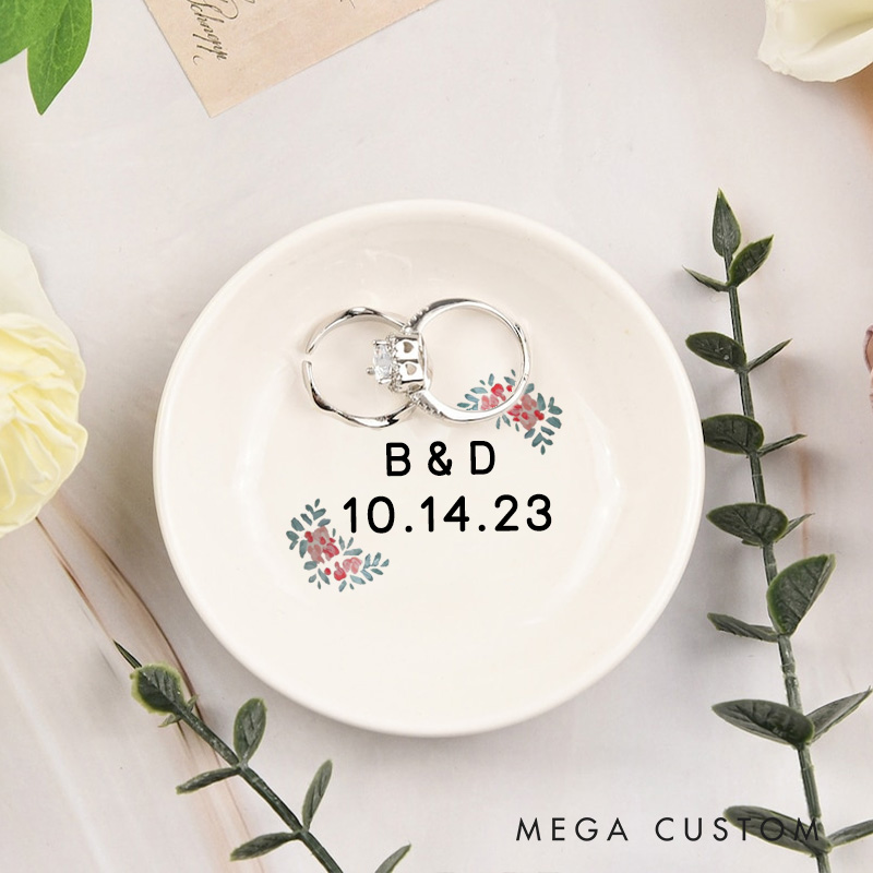 Personalized Red Floral Wedding Monogram with Initials and Date Wedding Engagement Round Ring Dish