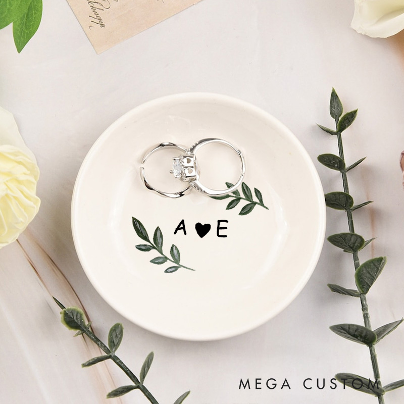 Personalized Simple Watercolor Oliver with Initials and Heart Wedding Engagement Round Ring Dish
