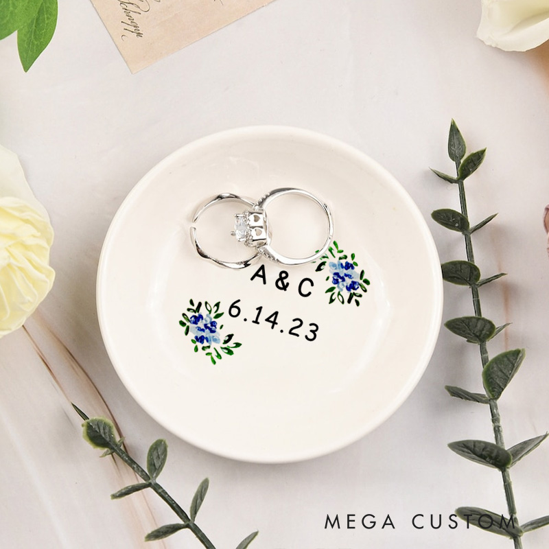 Personalized Blue Floral Wedding Monogram with Initials and Date Wedding Engagement Round Ring Dish
