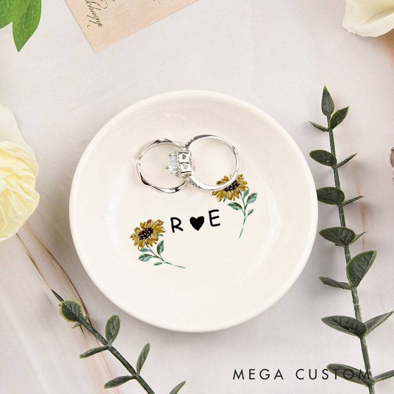 Personalized Cheerful Watercolor Sunflowers with Initials and Heart Wedding Engagement Round Ring Dish