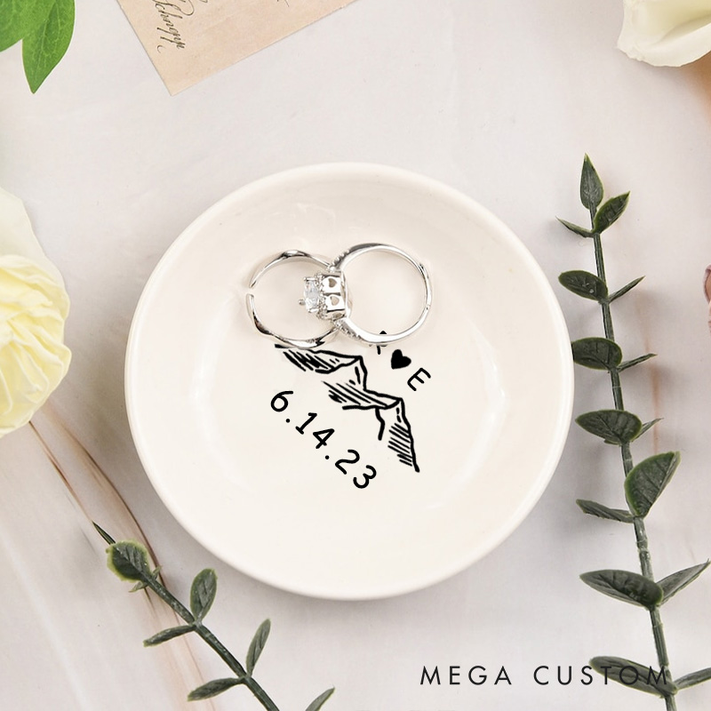Personalized Mountain Adventure Initials Design with Heart and Date Wedding Engagement Round Ring Dish