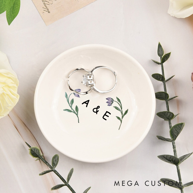 Personalized Watercolor Purple Tulip with Initials Wedding Engagement Round Ring Dish