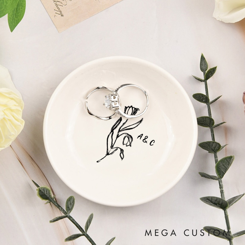 Personalized Artistic Floral Tulip Initials with Date Wedding Engagement Round Ring Dish
