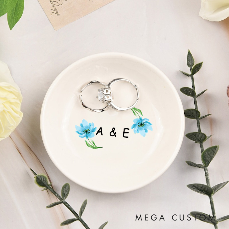 Personalized Watercolor Floral Blue Blossoms with Initials Wedding Engagement Round Ring Dish