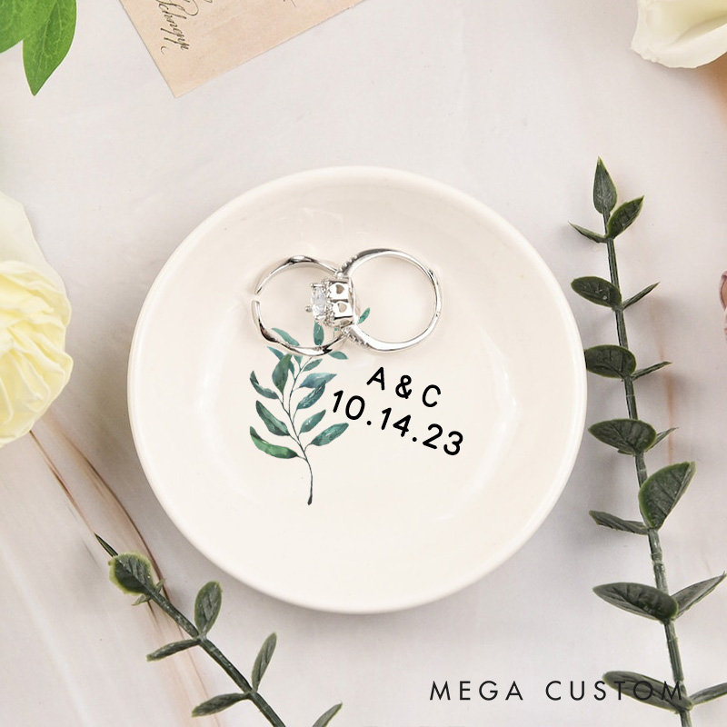 Personalized Elegant Watercolor Fern Leaves with Initials and Date Wedding Engagement Round Ring Dish