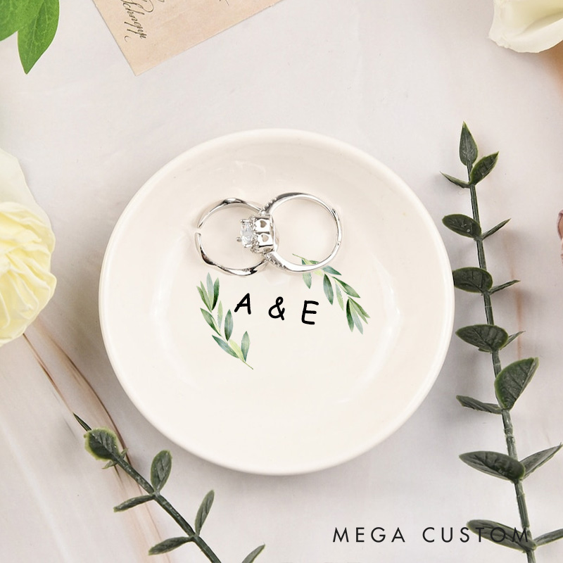Personalized Watercolor Leafy Branches with Initials Wedding Engagement Round Ring Dish