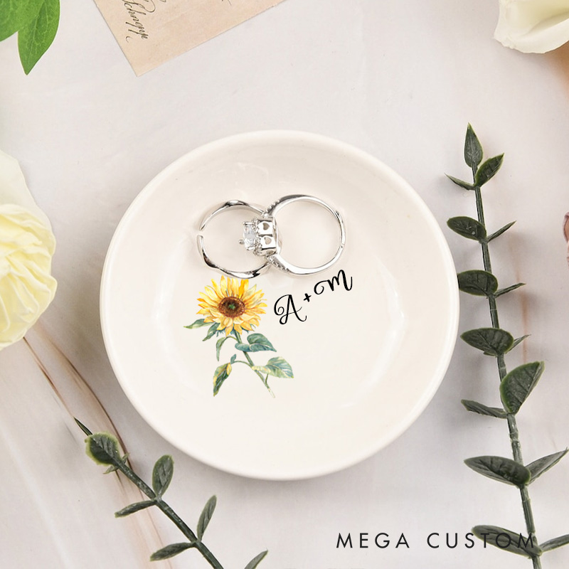 Personalized Vibrant Sunflower with Initials Wedding Engagement Round Ring Dish