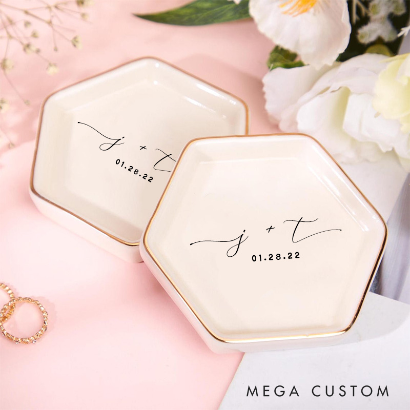 Personalized Minimalist Initials with Date Wedding Engagement Gold-Trimmed Hexagon Ring Dish