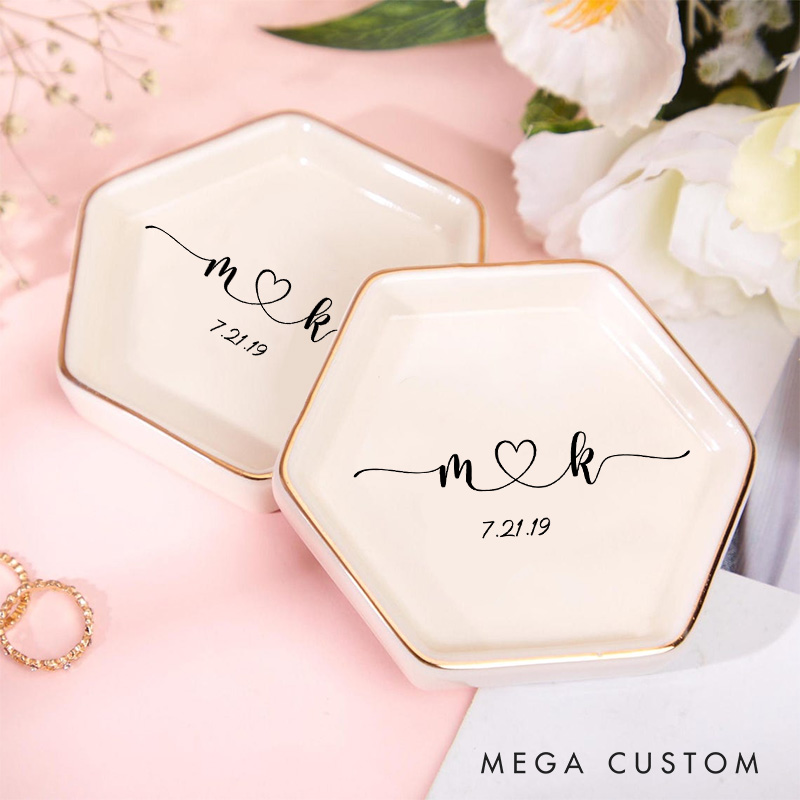 Personalized Elegant Flowing Initials with Heart and Date Wedding Engagement Couple Gold-Trimmed Hexagon Ring Dish