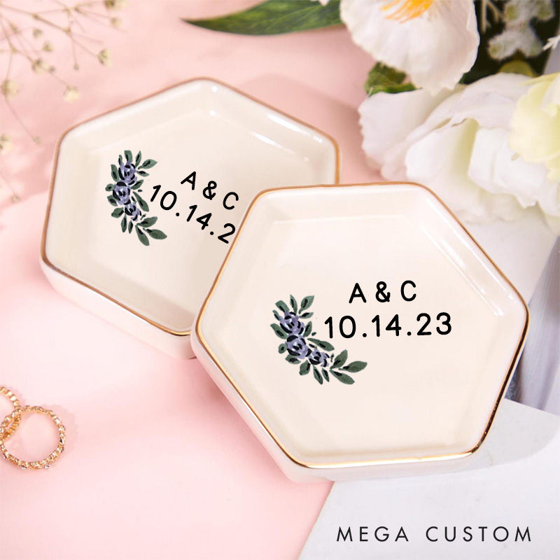 Personalized Elegant Watercolor Purple Floral with Initials Wedding Engagement Couple Gold-Trimmed Hexagon Ring Dish