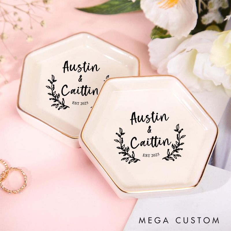 Personalized Rustic Laurel Wreath Wedding Monogram with Names and Date Wedding Engagement Couple Gold-Trimmed Hexagon Ring Dish