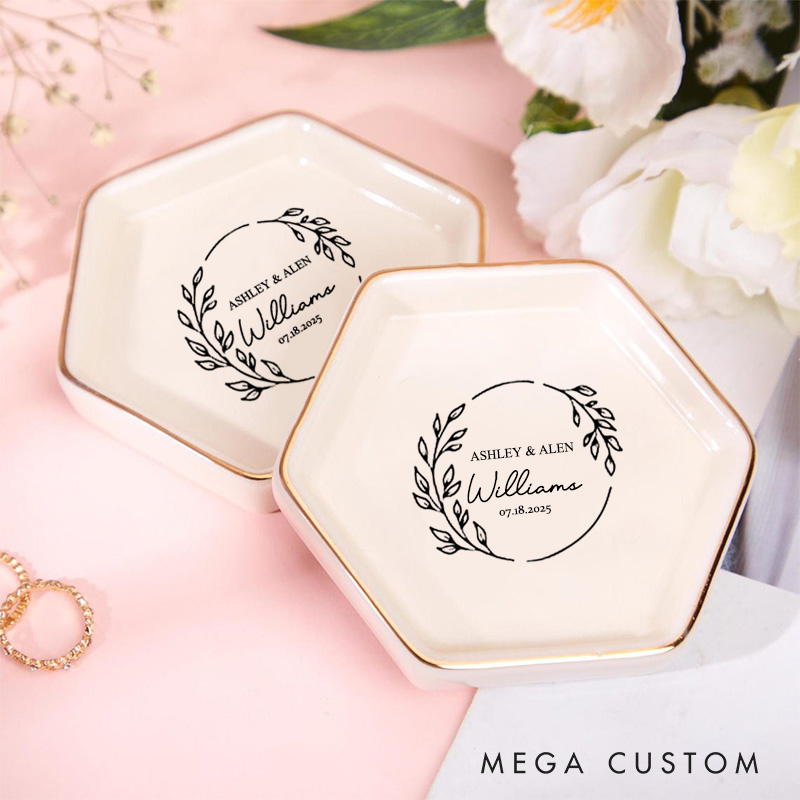 Personalized Elegant Circular Laurel Monogram Wedding Engagement Couple Gold-Trimmed Hexagon Ring Dish