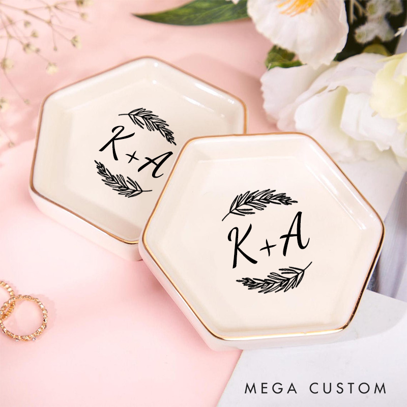 Personalized Elegant Fern Wedding Monogram with Initials Wedding Engagement Couple Gold-Trimmed Hexagon Ring Dish