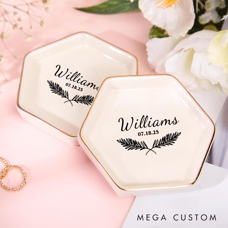 Personalized Classic Fern Wedding Monogram with Date Wedding Engagement Couple Gold-Trimmed Hexagon Ring Dish