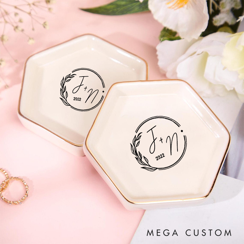 Personalized Modern Circular Initials Wedding Monogram with Botanical Accent Wedding Engagement Couple Gold-Trimmed Hexagon Ring Dish