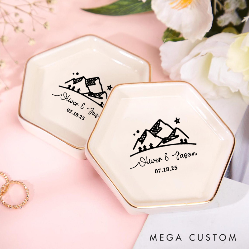 Personalized Adventure-Inspired Mountain Under the Night Sky Wedding Engagement Couple Gold-Trimmed Hexagon Ring Dish