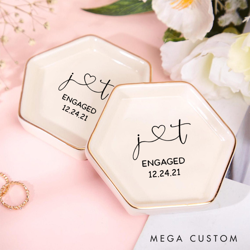 Personalized Heart-Connected Initials Engagement Monogram Engagement Couple Gold-Trimmed Hexagon Ring Dish