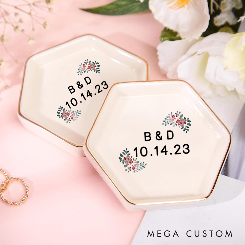 Personalized Red Floral Wedding Monogram with Initials and Date Wedding Engagement Couple Gold-Trimmed Hexagon Ring Dish