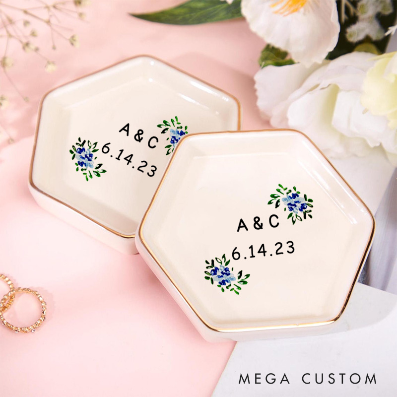 Personalized Blue Floral Wedding Monogram with Initials and Date Wedding Engagement Couple Gold-Trimmed Hexagon Ring Dish