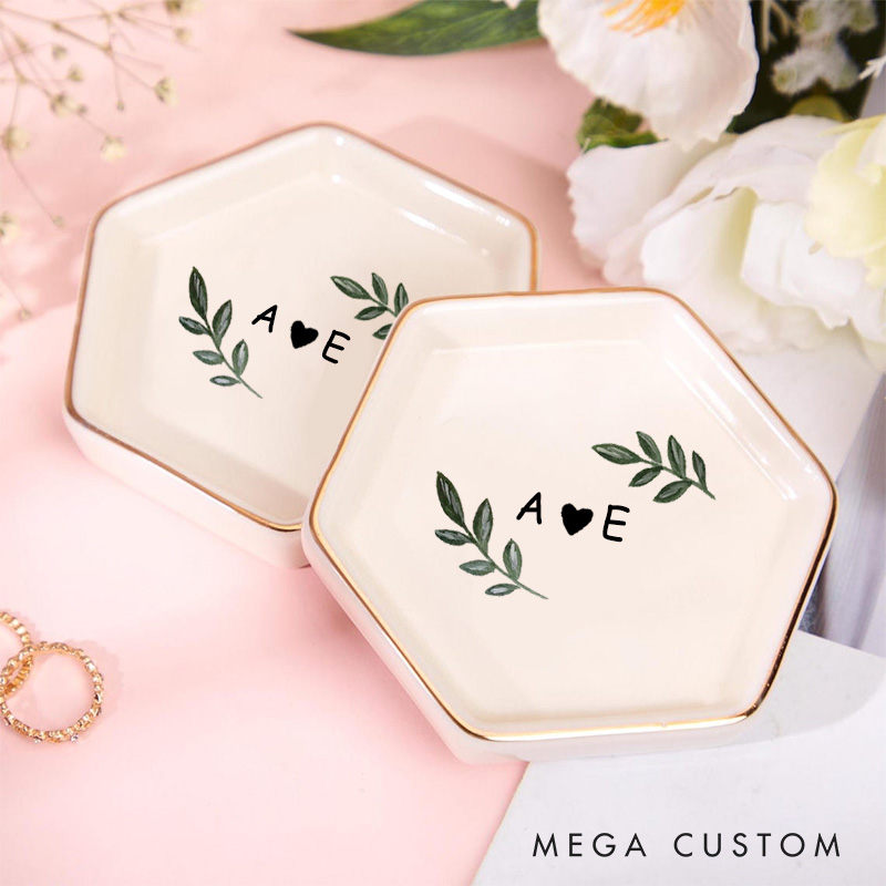 Personalized Simple Watercolor Oliver with Initials and Heart Wedding Engagement Couple Gold-Trimmed Hexagon Ring Dish