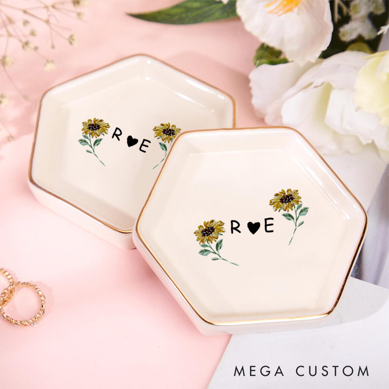 Personalized Cheerful Watercolor Sunflowers with Initials and Heart Wedding Engagement Gold-Trimmed Hexagon Ring Dish