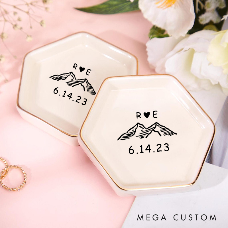 Personalized Mountain Adventure Initials Design with Heart and Date Wedding Engagement Gold-Trimmed Hexagon Ring Dish