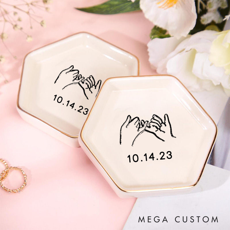 Personalized Minimalist Hand-in-Hand with Date Wedding Engagement Gold-Trimmed Hexagon Ring Dish