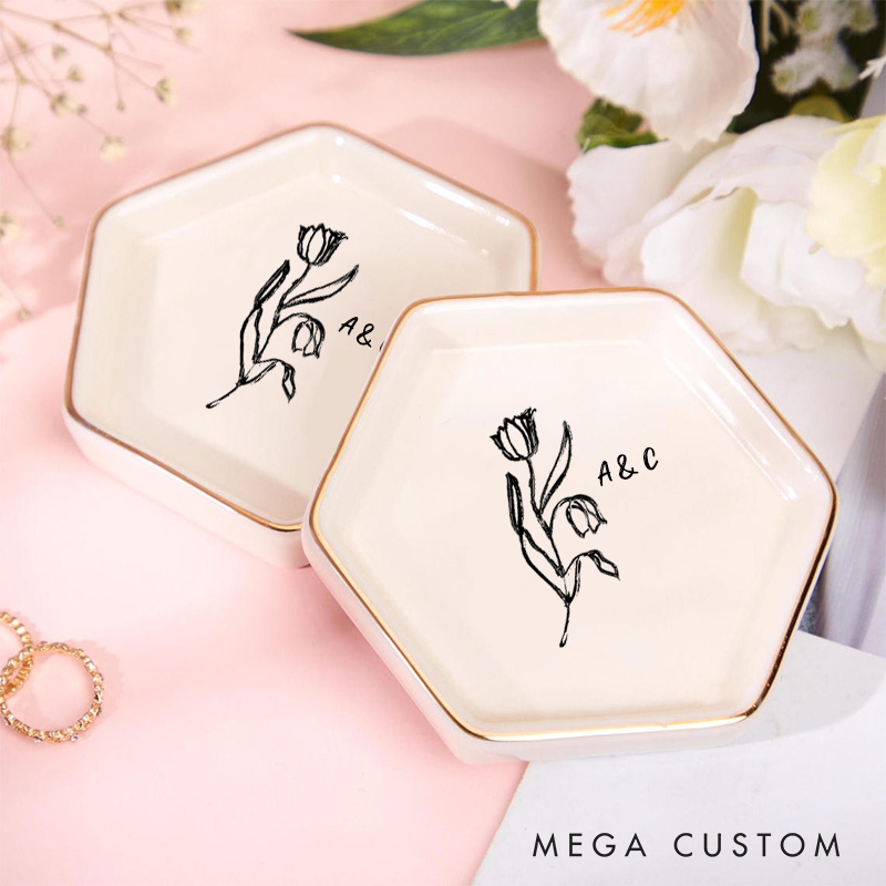 Personalized Artistic Floral Tulip Initials with Date Wedding Engagement Gold-Trimmed Hexagon Ring Dish
