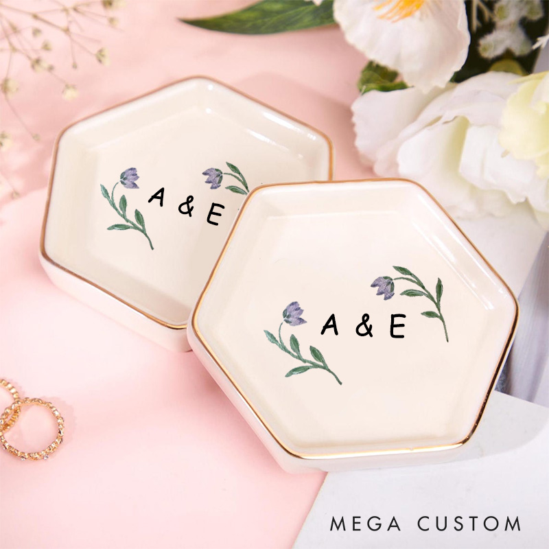 Personalized Watercolor Purple Tulip with Initials Wedding Engagement Gold-Trimmed Hexagon Ring Dish