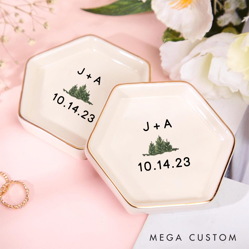 Personalized Minimalist Evergreen with Initials and Date Wedding Engagement Gold-Trimmed Hexagon Ring Dish