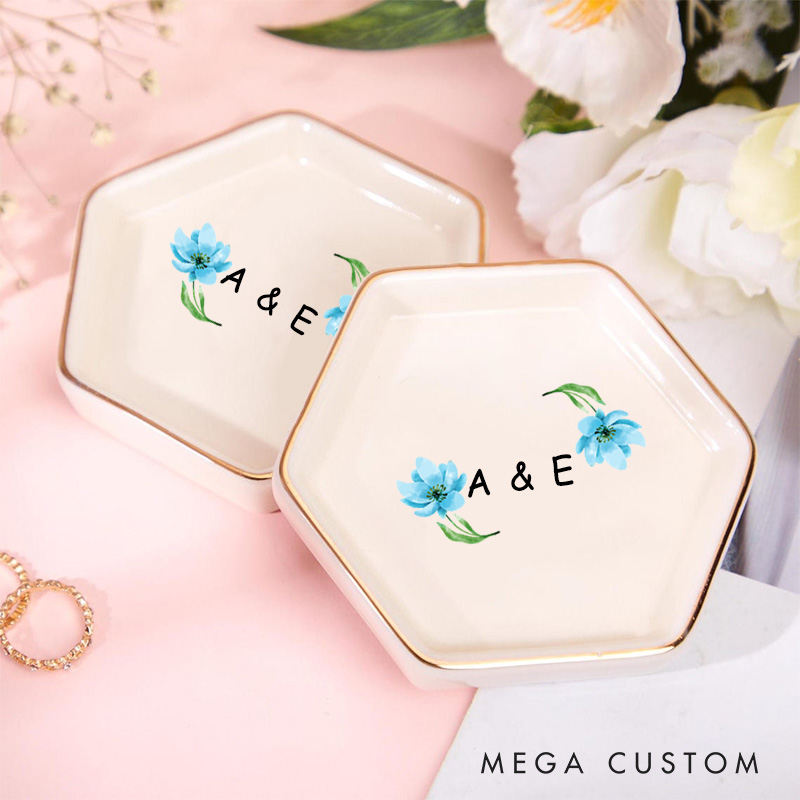Personalized Watercolor Floral Blue Blossoms with Initials Wedding Engagement Gold-Trimmed Hexagon Ring Dish