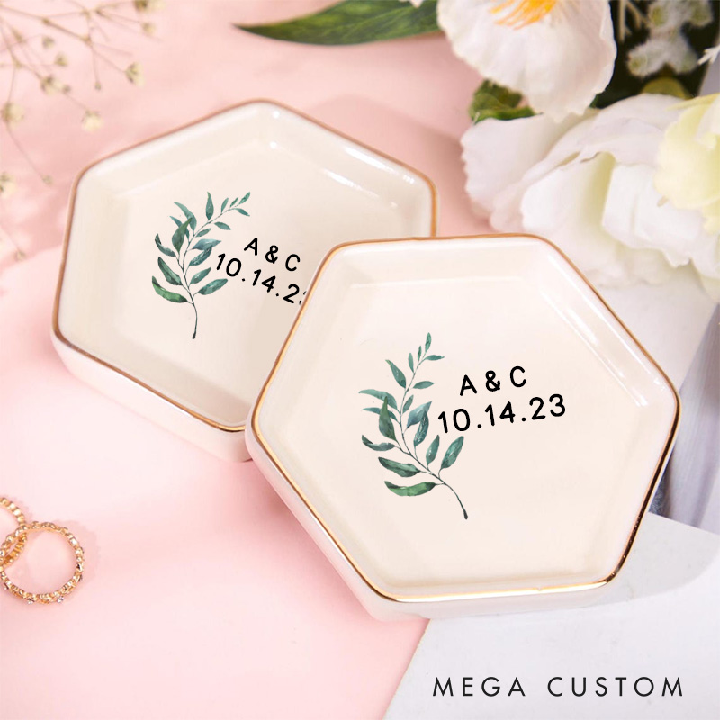 Personalized Elegant Watercolor Fern Leaves with Initials and Date Wedding Engagement Gold-Trimmed Hexagon Ring Dish