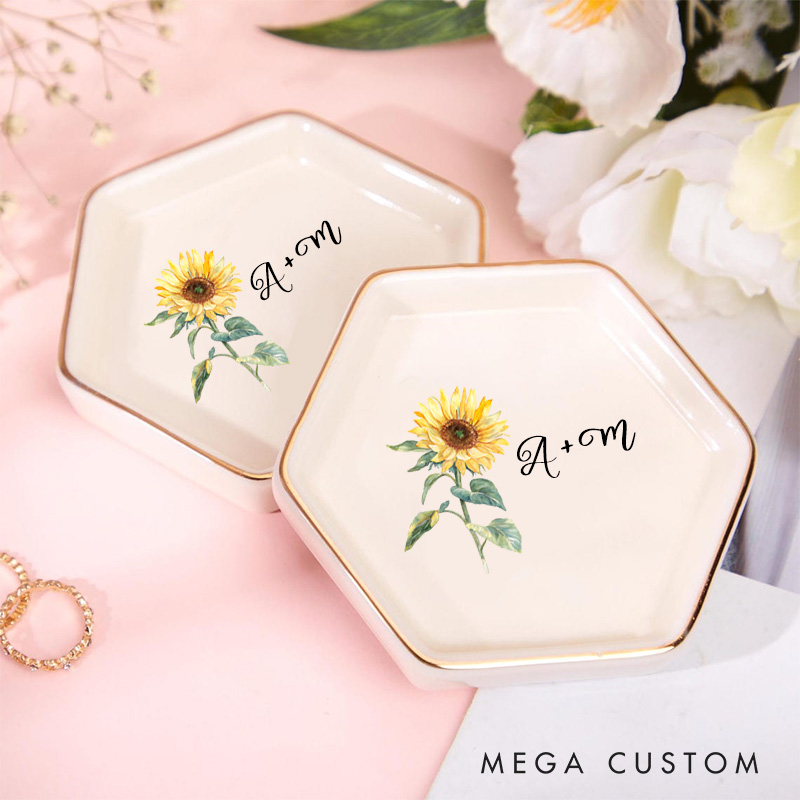 Personalized Vibrant Sunflower with Initials Wedding Engagement Gold-Trimmed Hexagon Ring Dish