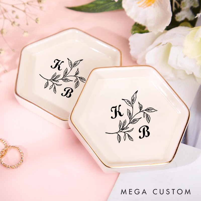 Personalized Elegant Leaf Branch Wedding Engagement Gold-Trimmed Hexagon Ring Dish