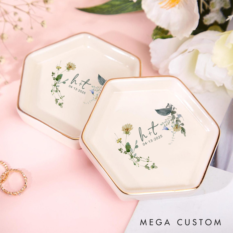 Personalized Delicate Watercolor Floral and Leaves Wedding Engagement Gold-Trimmed Hexagon Ring Dish