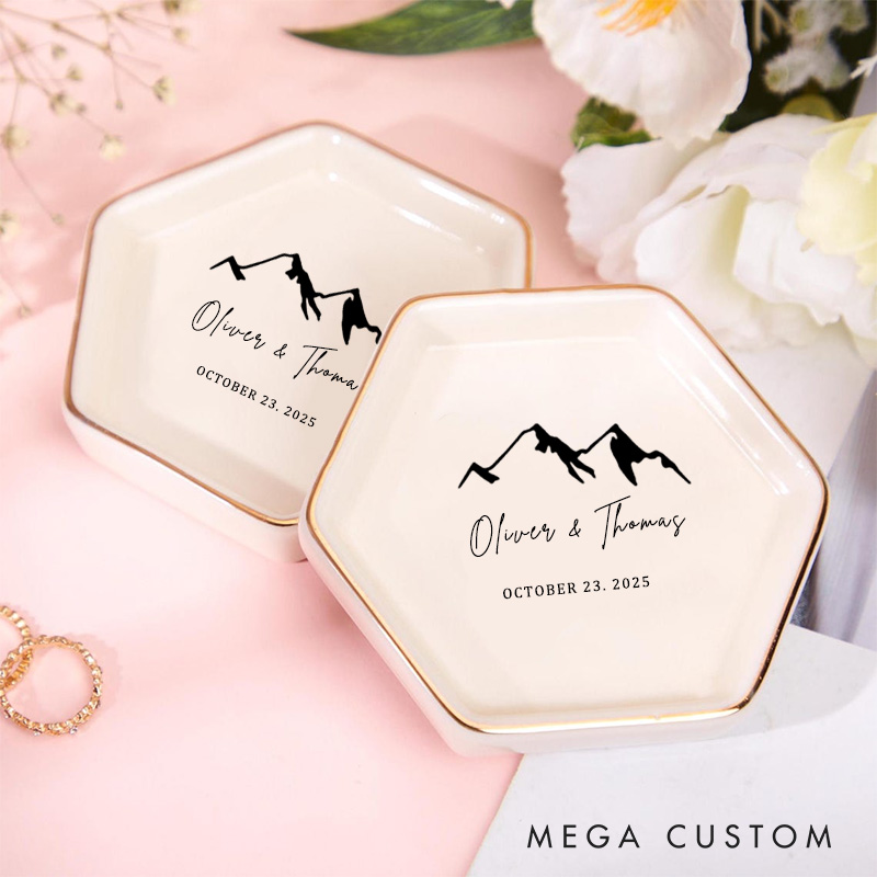 Personalized Minimalist Mountain Range Wedding Engagement Gold-Trimmed Hexagon Ring Dish