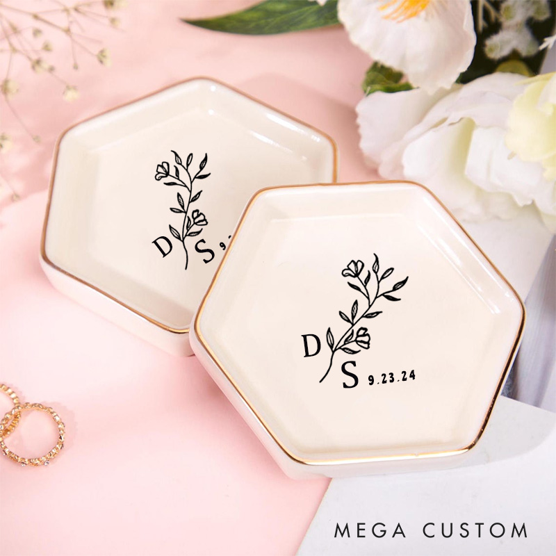Personalized Minimalist Wild Flower with Initials Wedding Engagement Gold-Trimmed Hexagon Ring Dish