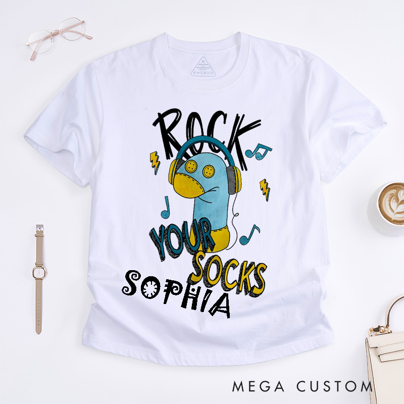 Personalized Rock Your Socks Classic T-Shirts Unisex Fun Music Lover Custom Gift Down Syndrome Slogan for Birthday Friends Family Teens Men Women