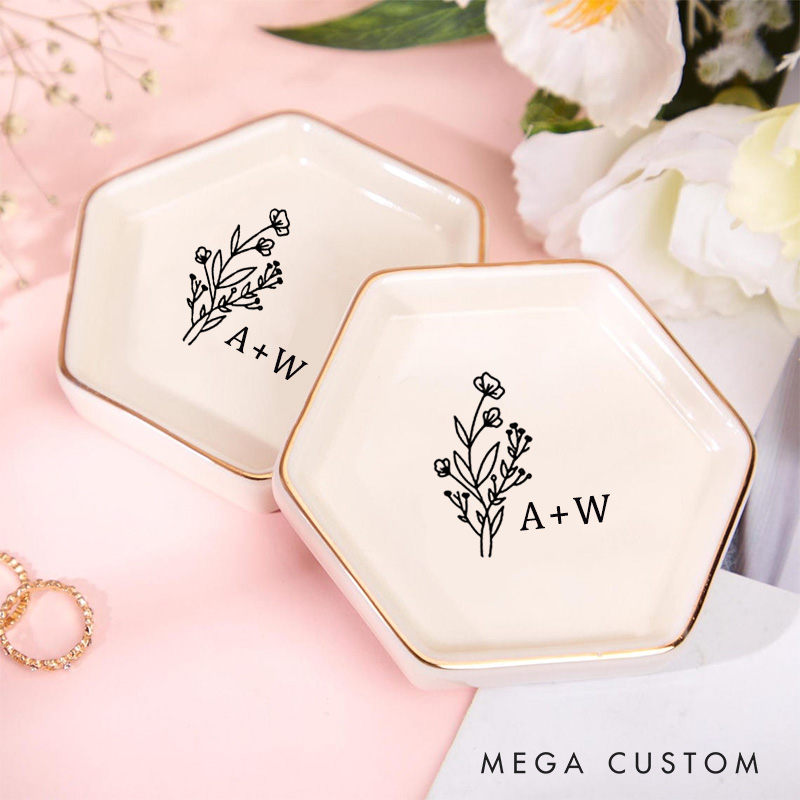 Personalized Wild Flower with Initials Wedding Engagement Gold-Trimmed Hexagon Ring Dish