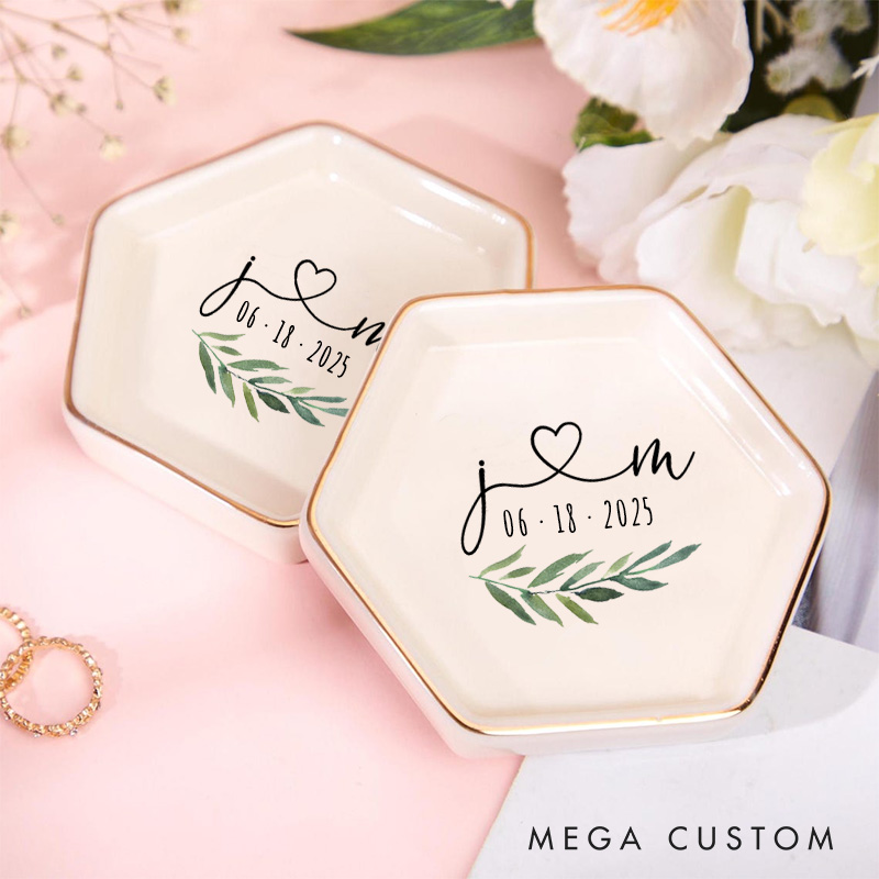 Personalized Romantic Watercolor Foliage Initials with Heart Wedding Engagement Gold-Trimmed Hexagon Ring Dish