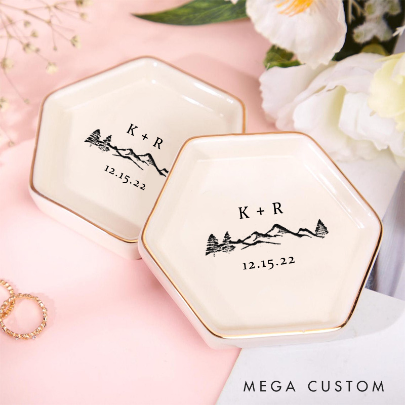 Personalized Rustic Mountain and Forest Wedding Engagement Gold-Trimmed Hexagon Ring Dish