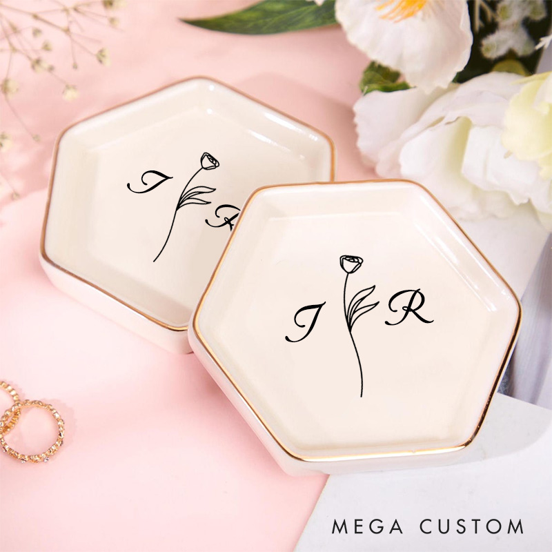 Personalized Minimalist Floral Monogram Wedding Engagement Gold-Trimmed Hexagon Ring Dish